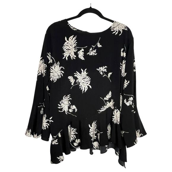 Neiman Marcus Blouse Women's 3X Black Floral Flutter Sleeve Asymmetric Flowy - Picture 1 of 10